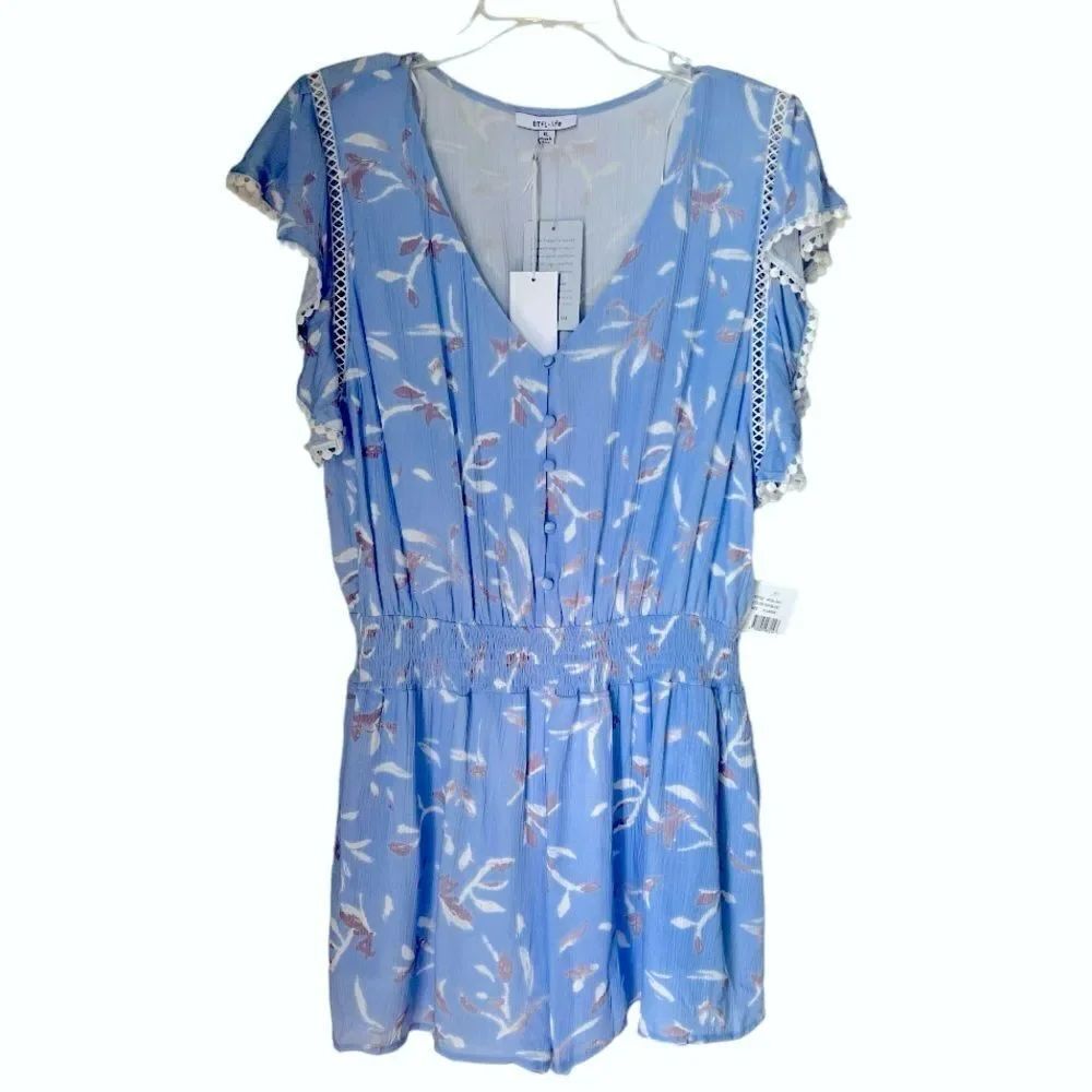 NWT BTFL-Life Women's Blue Floral Summer Delicate Flowy Romper sz XL